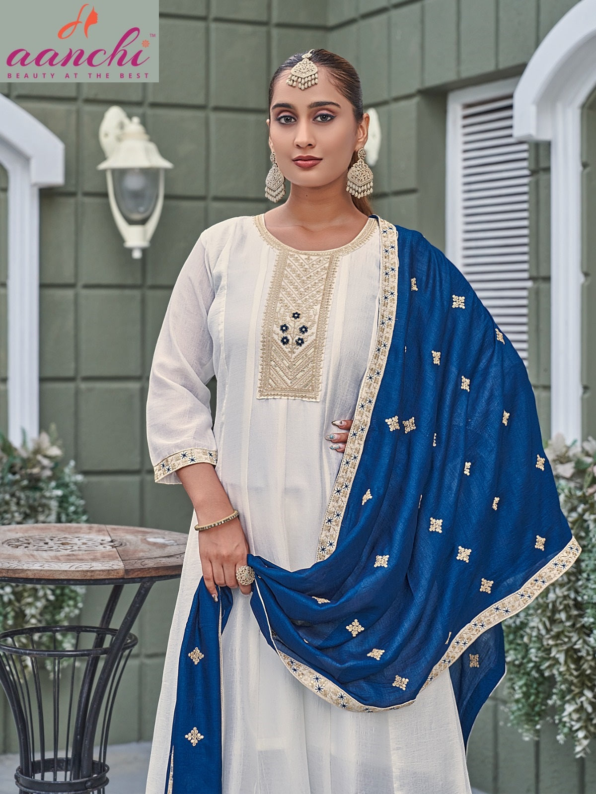 Ritu White Special Aanchi Vichitra Silk Readymade Anarkali Suits Wholesaler Gujarat