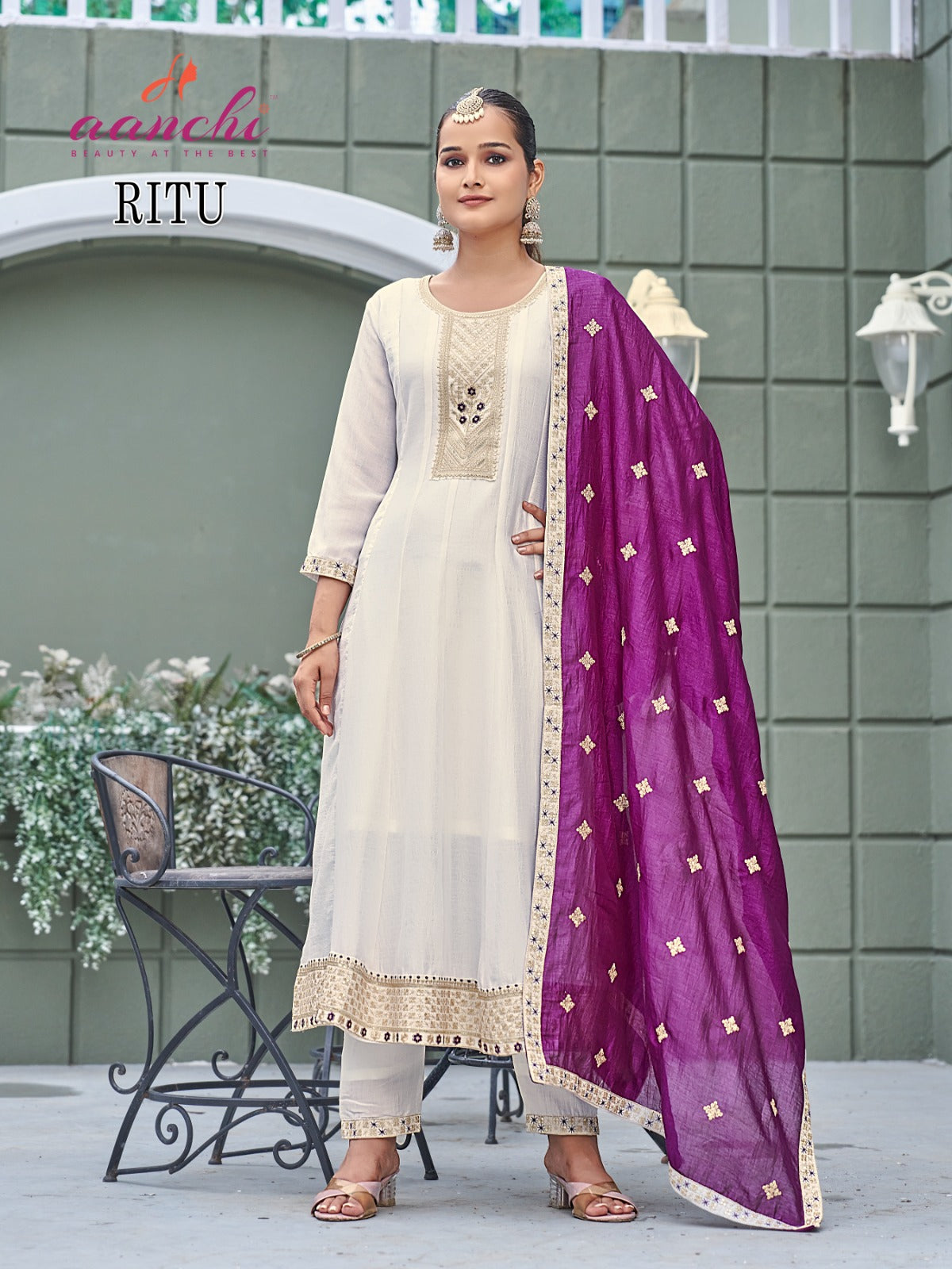 Ritu White Special Aanchi Vichitra Silk Readymade Anarkali Suits Wholesaler Gujarat
