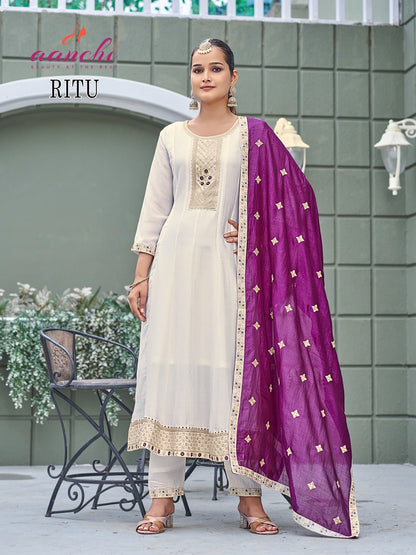 Ritu White Special Aanchi Vichitra Silk Readymade Anarkali Suits Wholesaler Gujarat