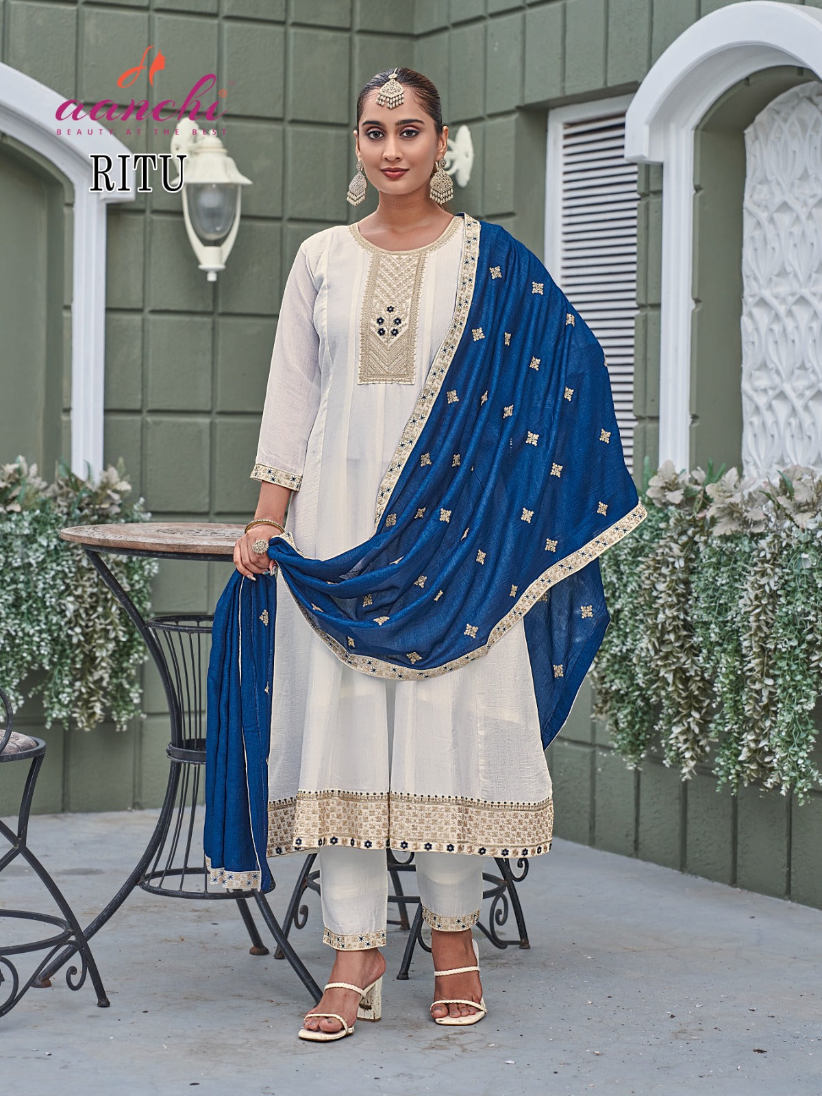 Ritu White Special Aanchi Vichitra Silk Readymade Anarkali Suits Wholesaler Gujarat