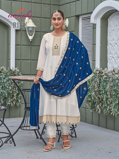 Ritu White Special Aanchi Vichitra Silk Readymade Anarkali Suits Wholesaler Gujarat