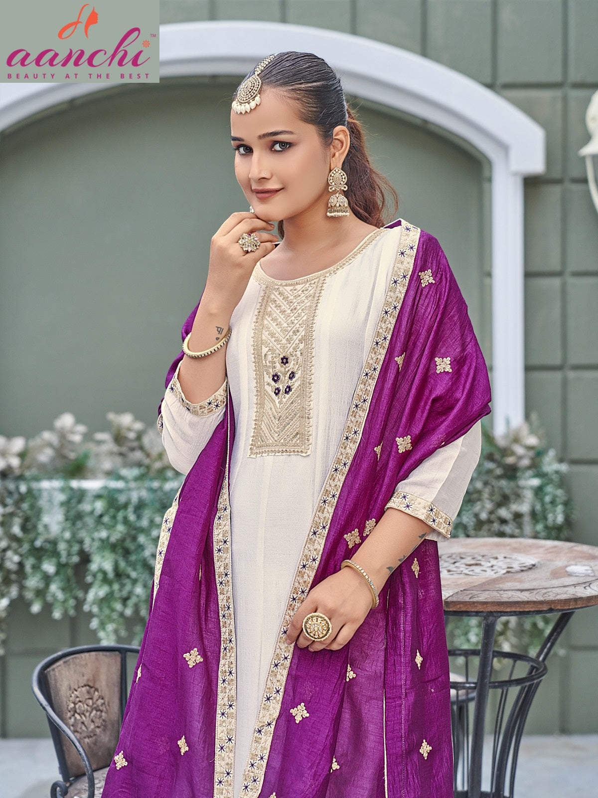 Ritu White Special Aanchi Vichitra Silk Readymade Anarkali Suits Wholesaler Gujarat