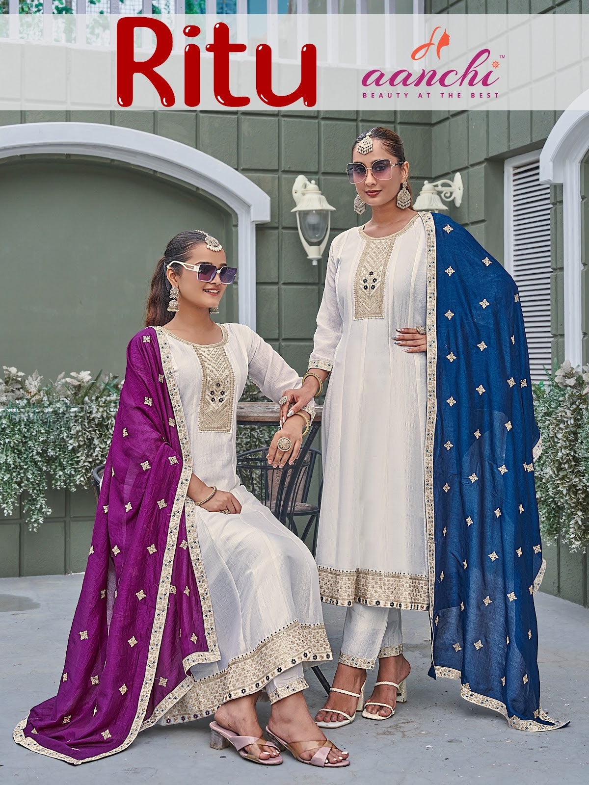Ritu White Special Aanchi Vichitra Silk Readymade Anarkali Suits Wholesaler Gujarat