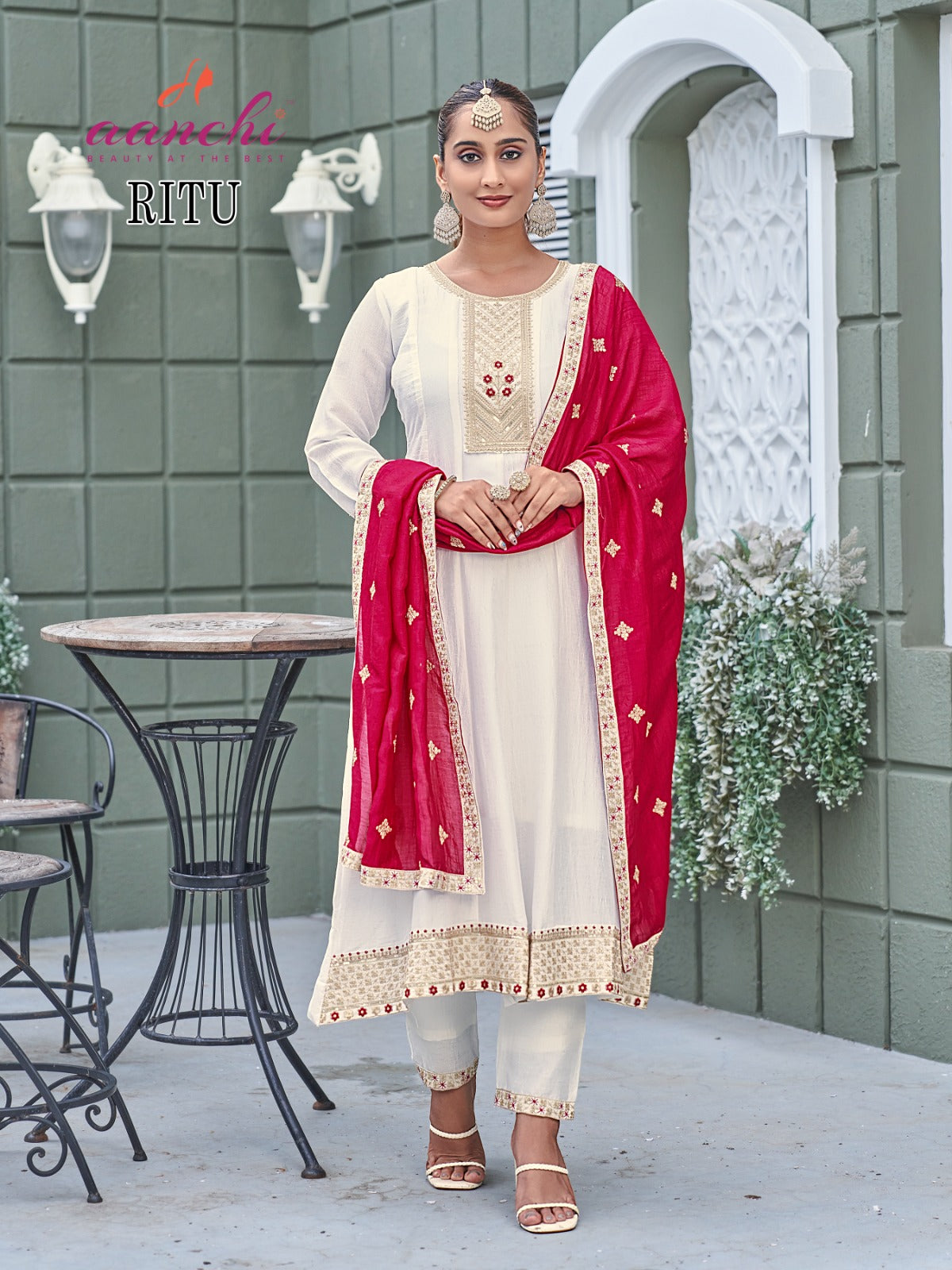 Ritu White Special Aanchi Vichitra Silk Readymade Anarkali Suits Wholesaler Gujarat
