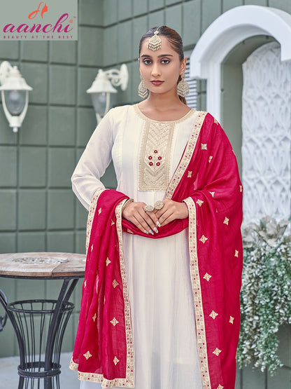 Ritu White Special Aanchi Vichitra Silk Readymade Anarkali Suits Wholesaler Gujarat