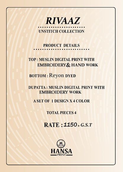 Rivaaz 78002 Hansa Prints Muslin Pant Style Suits Wholesale