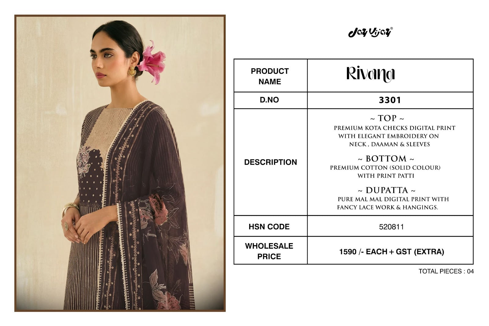 Rivana 3301 Jay Vijay Kota Checks Pant Style Suits Supplier