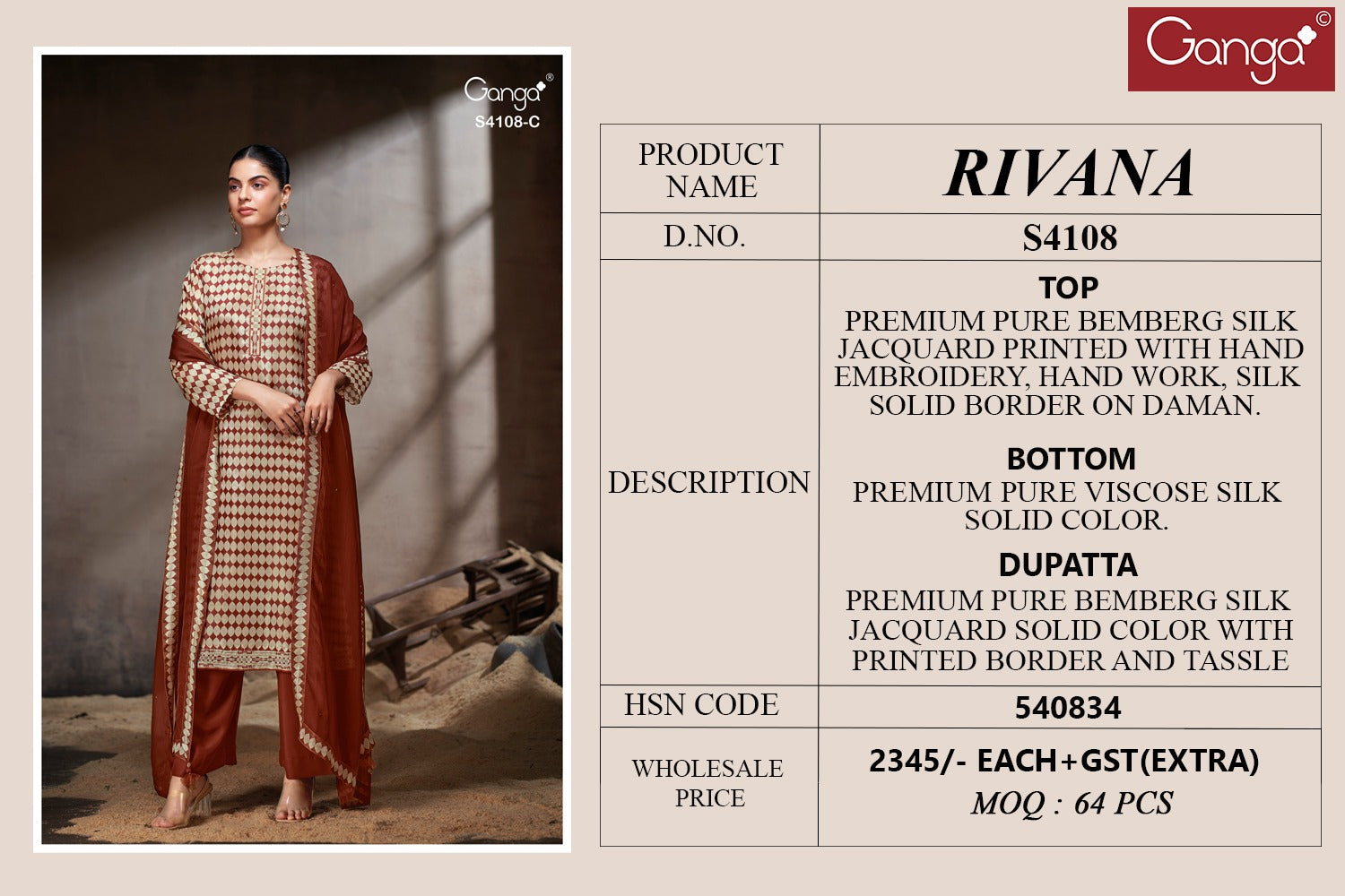 Rivana 4108 Ganga Premium Bemberg Plazzo Style Suits Wholesaler Gujarat
