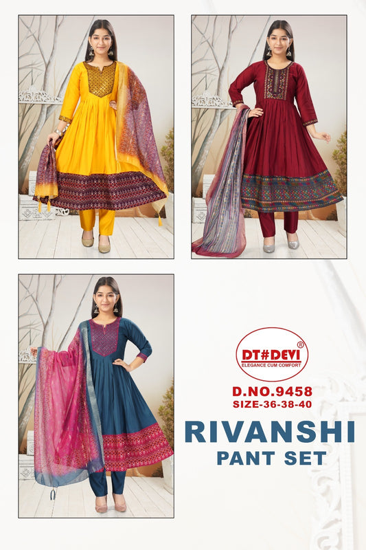 Rivanshi Dn 9458 Dt Devi Roman Silk Girls Readymade Pant Suits Wholesale Price