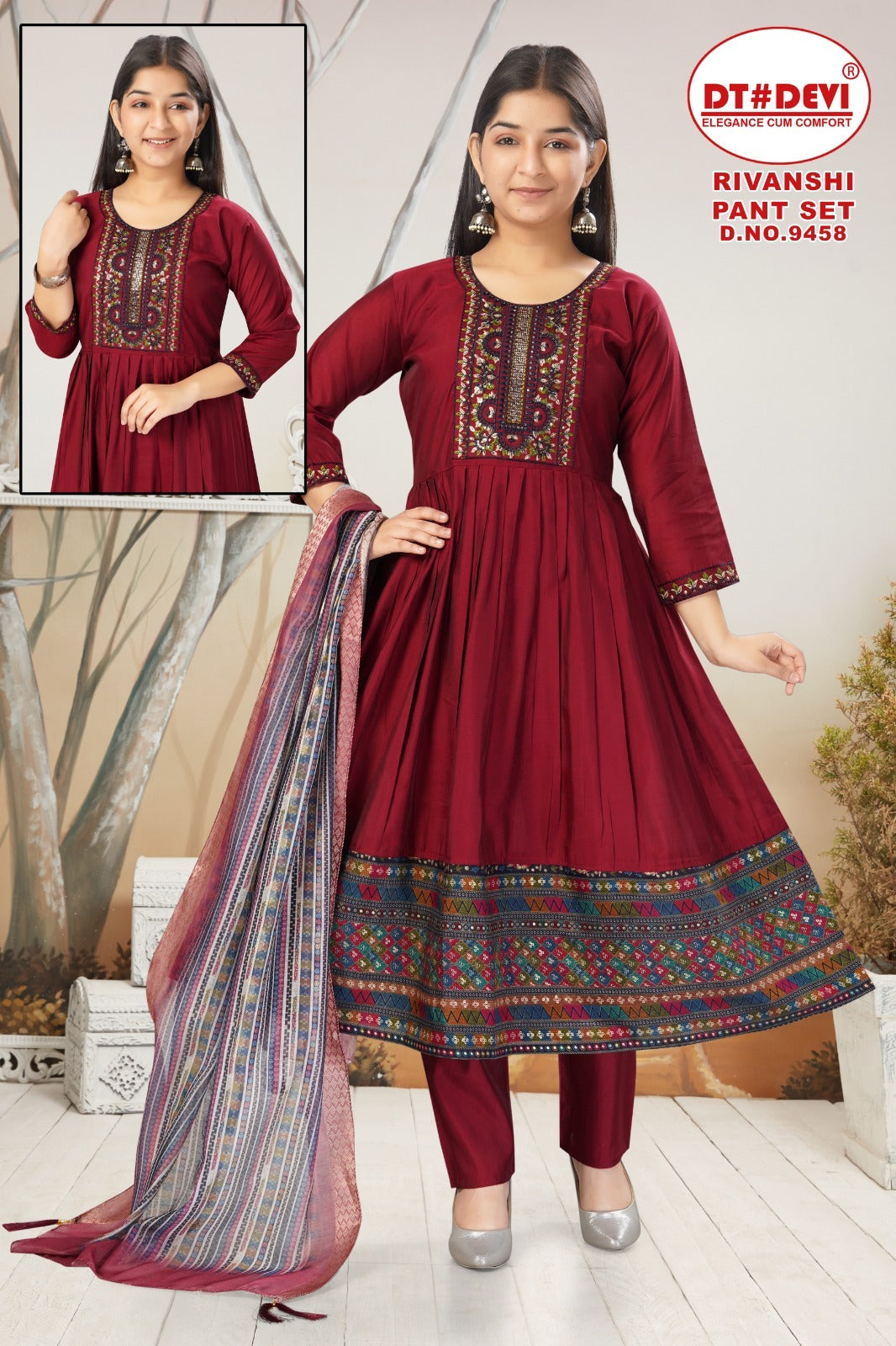Rivanshi Dn 9458 Dt Devi Roman Silk Girls Readymade Pant Suits Wholesale Price