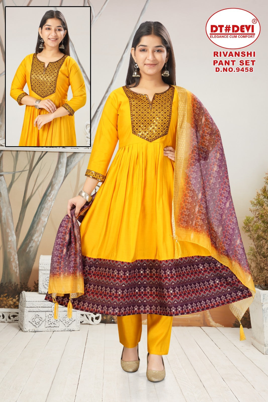 Rivanshi Dn 9458 Dt Devi Roman Silk Girls Readymade Pant Suits Wholesale Price