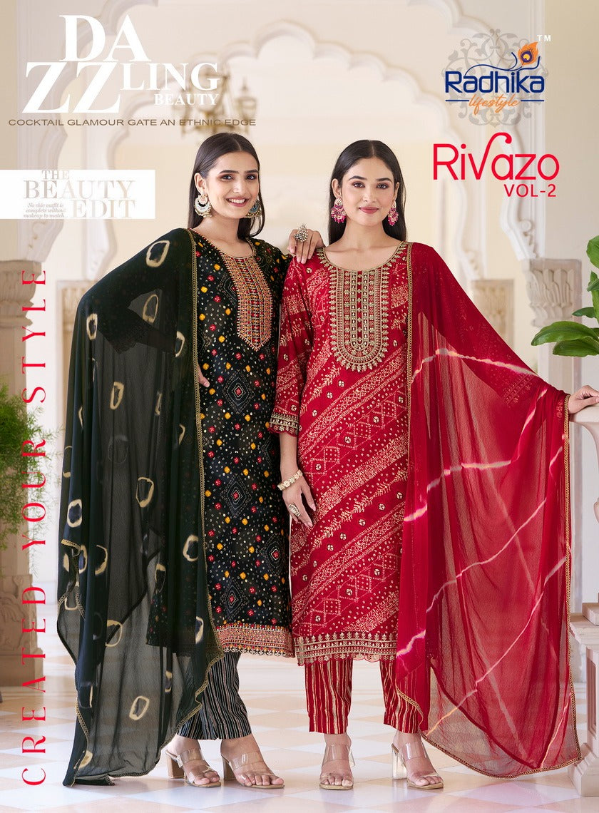 Rivazo Vol 2 Radhika Lifestyle Reyon Readymade Pant Style Suits Supplier Gujarat