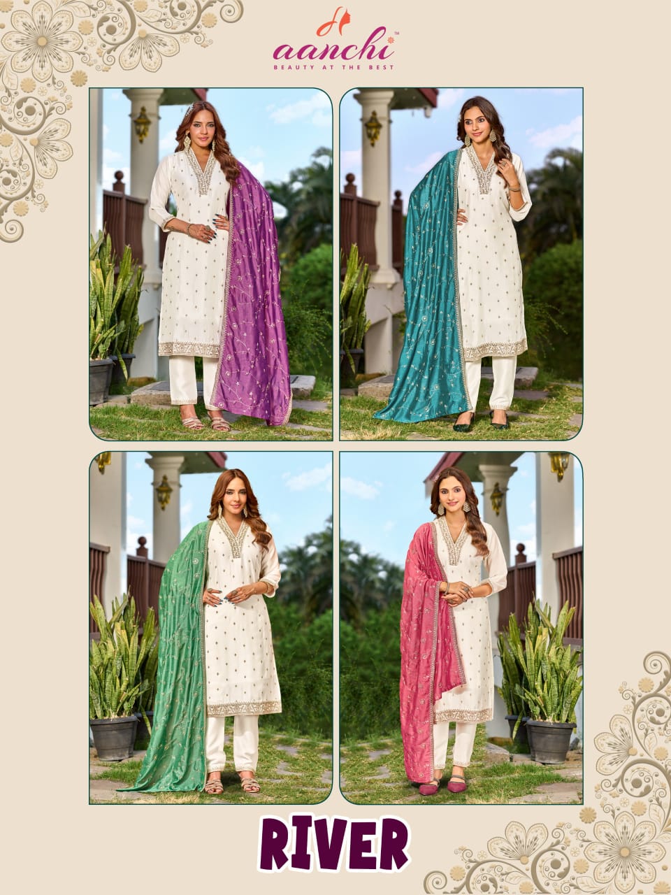 River Aanchi Vichitra Silk Readymade Pant Style Suits Exporter India