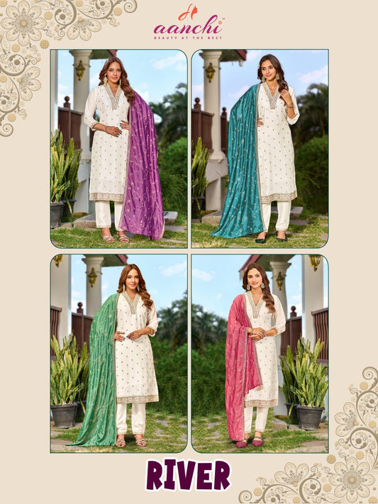 River Aanchi Vichitra Silk Readymade Pant Style Suits Exporter India