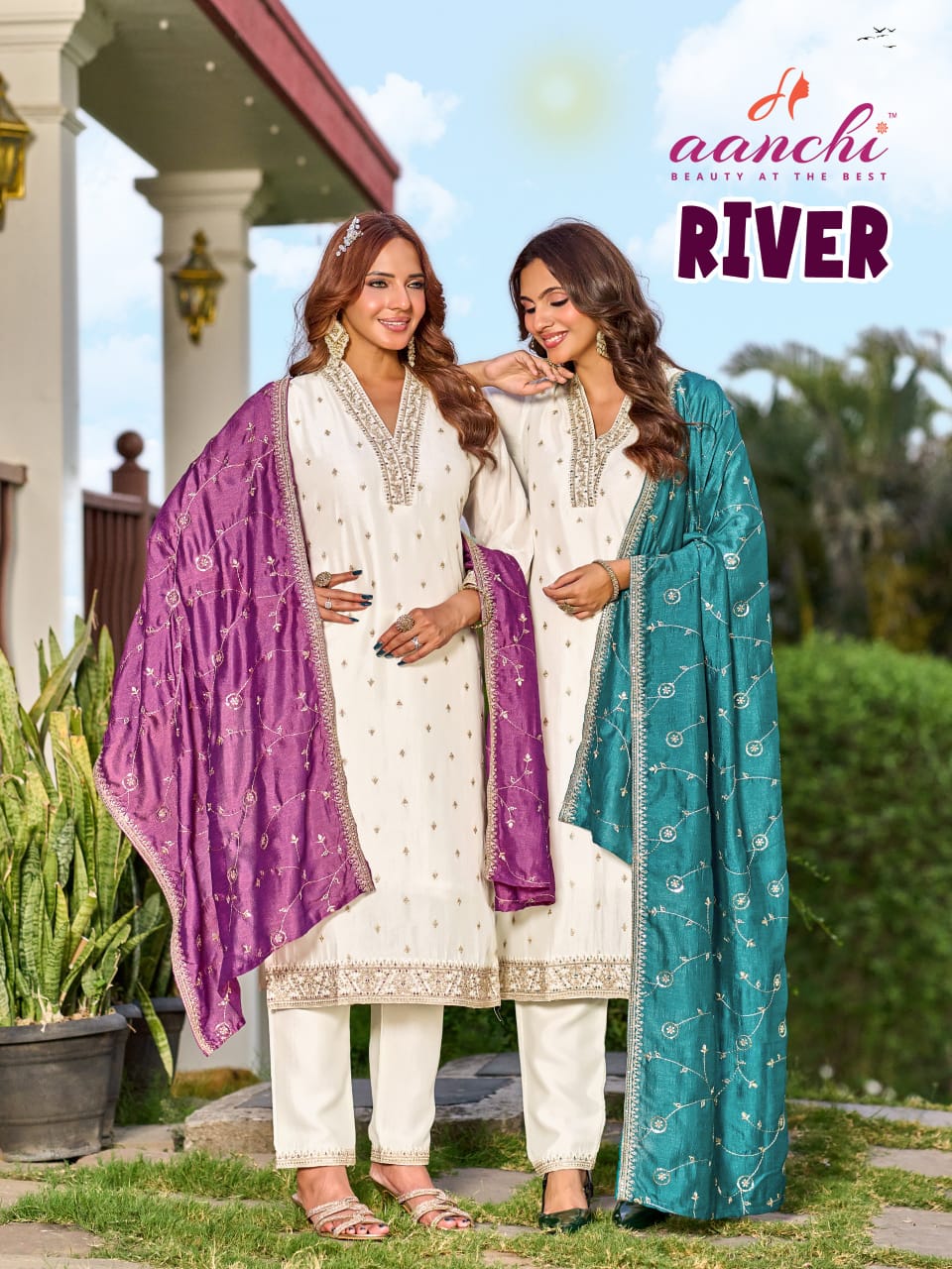 River Aanchi Vichitra Silk Readymade Pant Style Suits Exporter India