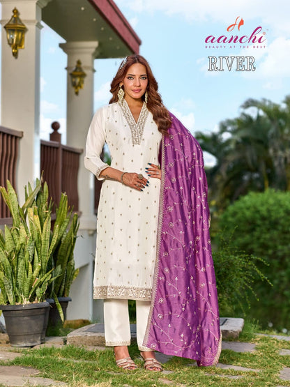 River Aanchi Vichitra Silk Readymade Pant Style Suits Exporter India
