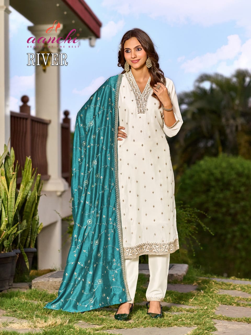 River Aanchi Vichitra Silk Readymade Pant Style Suits Exporter India
