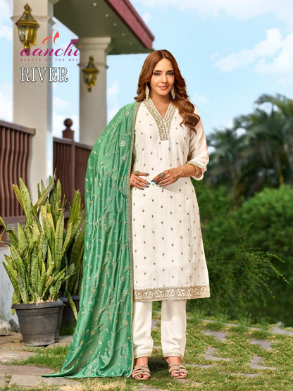 River Aanchi Vichitra Silk Readymade Pant Style Suits Exporter India