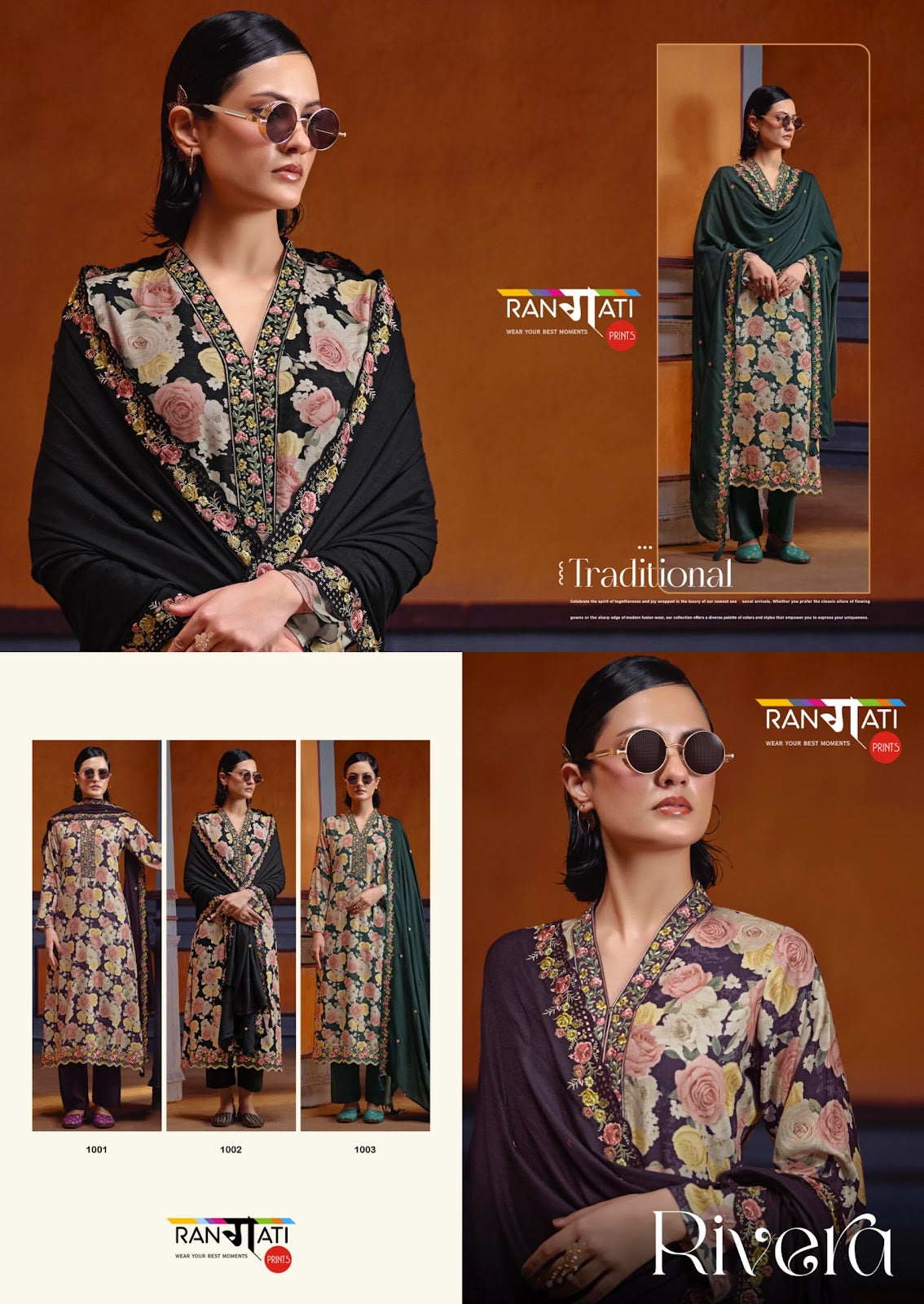Rivera Rangati Prints Pashmina Suits Supplier