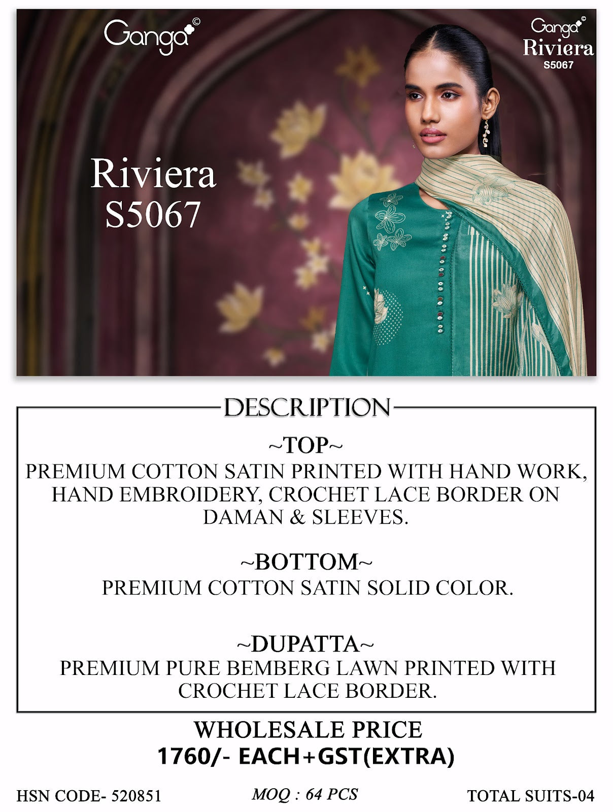 Riviera S5067 Ganga Cotton Satin Plazzo Style Suits Wholesaler Gujarat