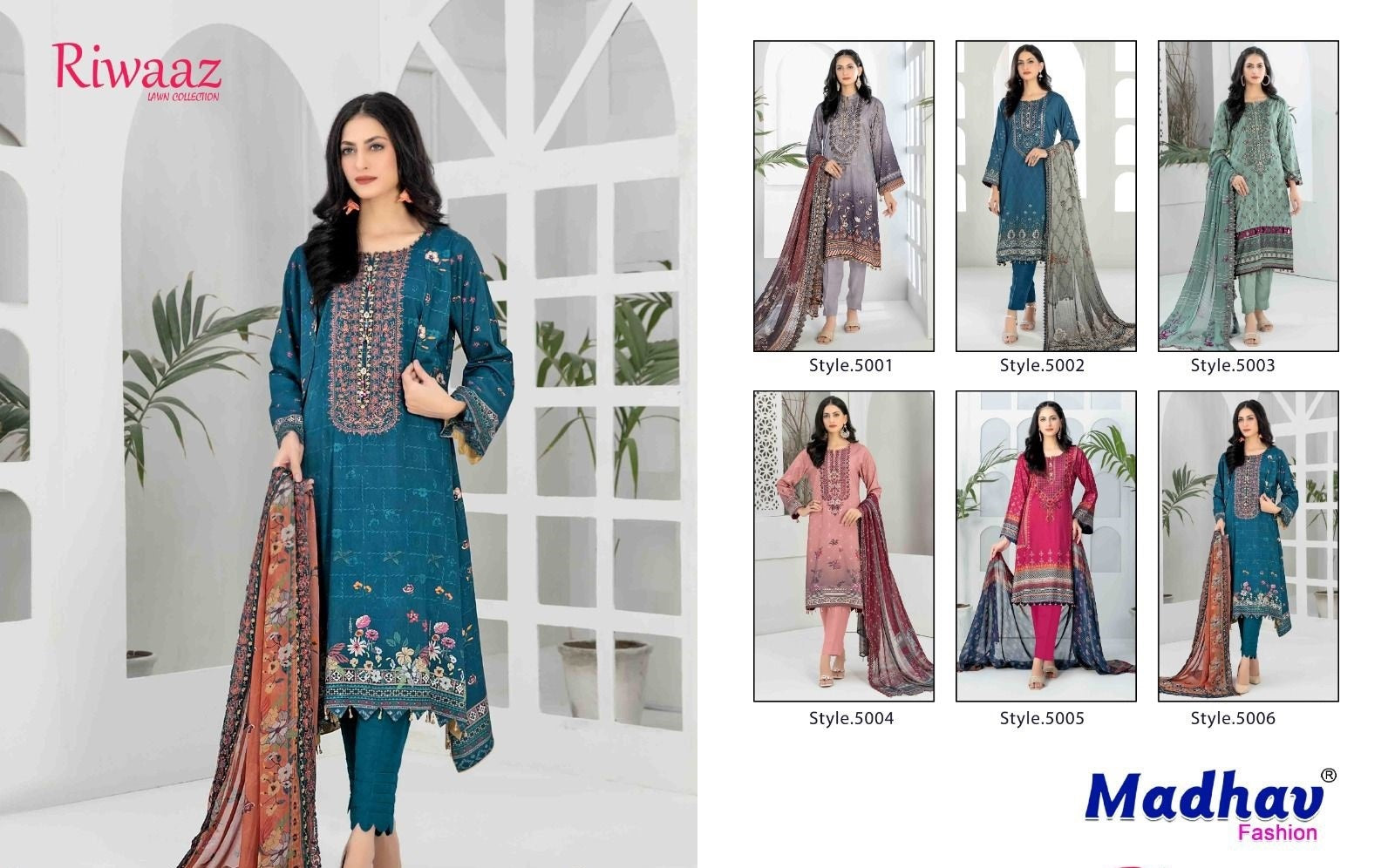 Riwaaz Vol 5 Madhav Fashion Lawn Cotton Pakistani Readymade Suits Exporter Ahmedabad
