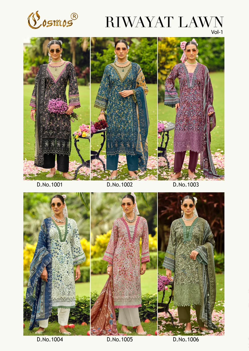 Riwayat Lawn Vol 1 Cosmos Fashion Cotton Pakistani Patch Work Suits Supplier Ahmedabad