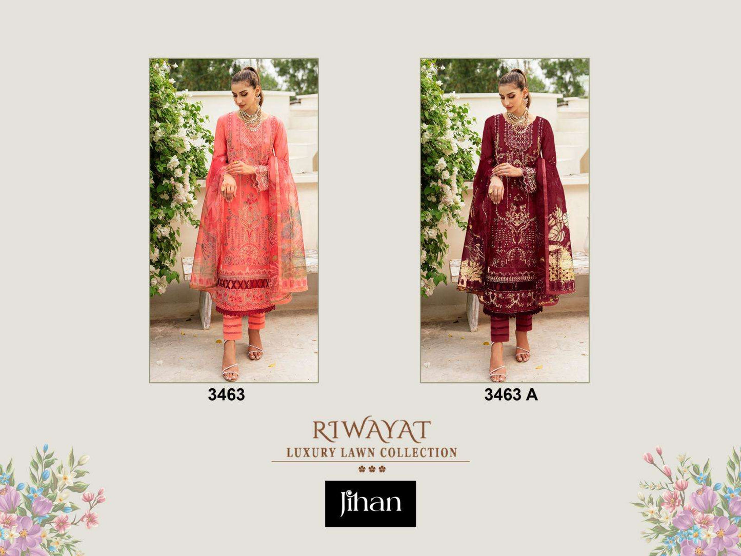 Riwayat Luxury Lawn Collection 3463 Jihan Rayon Pakistani Patch Work Suits Exporter Ahmedabad