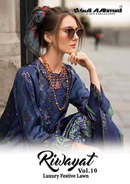 Riwayat Vol 10 Luxury Festive Lawn Gul Ahmed Karachi Salwar Suits Exporter Gujarat