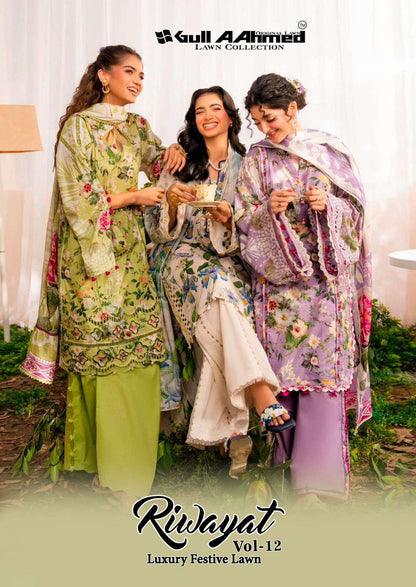 Riwayat Vol 12 Luxury Festive Lawn Gul Ahmed Cambric Cotton Karachi Readymade Suits Wholesaler Gujarat