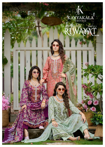 Riwayat Vol 3 Kavyakala Lawn Cotton Karachi Salwar Suits Supplier India