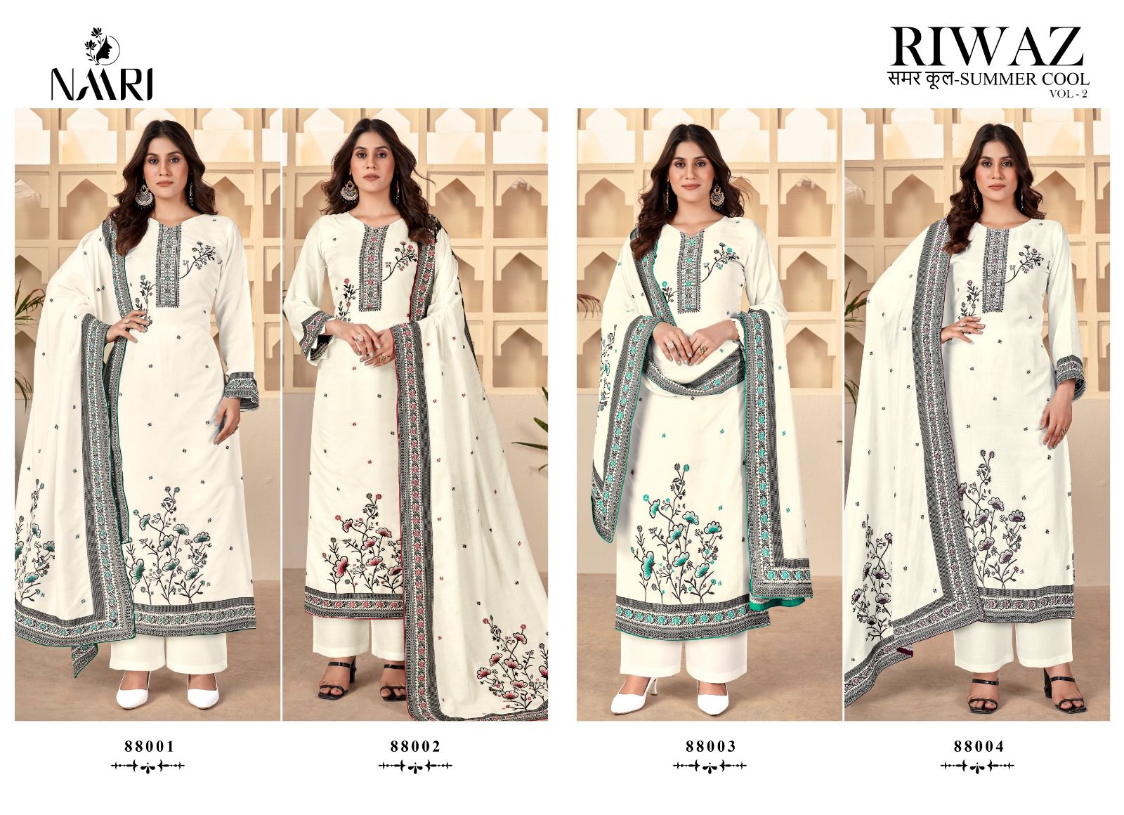 Riwaz Vol 2-White Naari Viscose Muslin Pant Style Suits Manufacturer