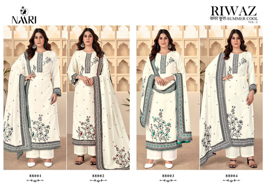 Riwaz Vol 2-White Naari Viscose Muslin Pant Style Suits Manufacturer