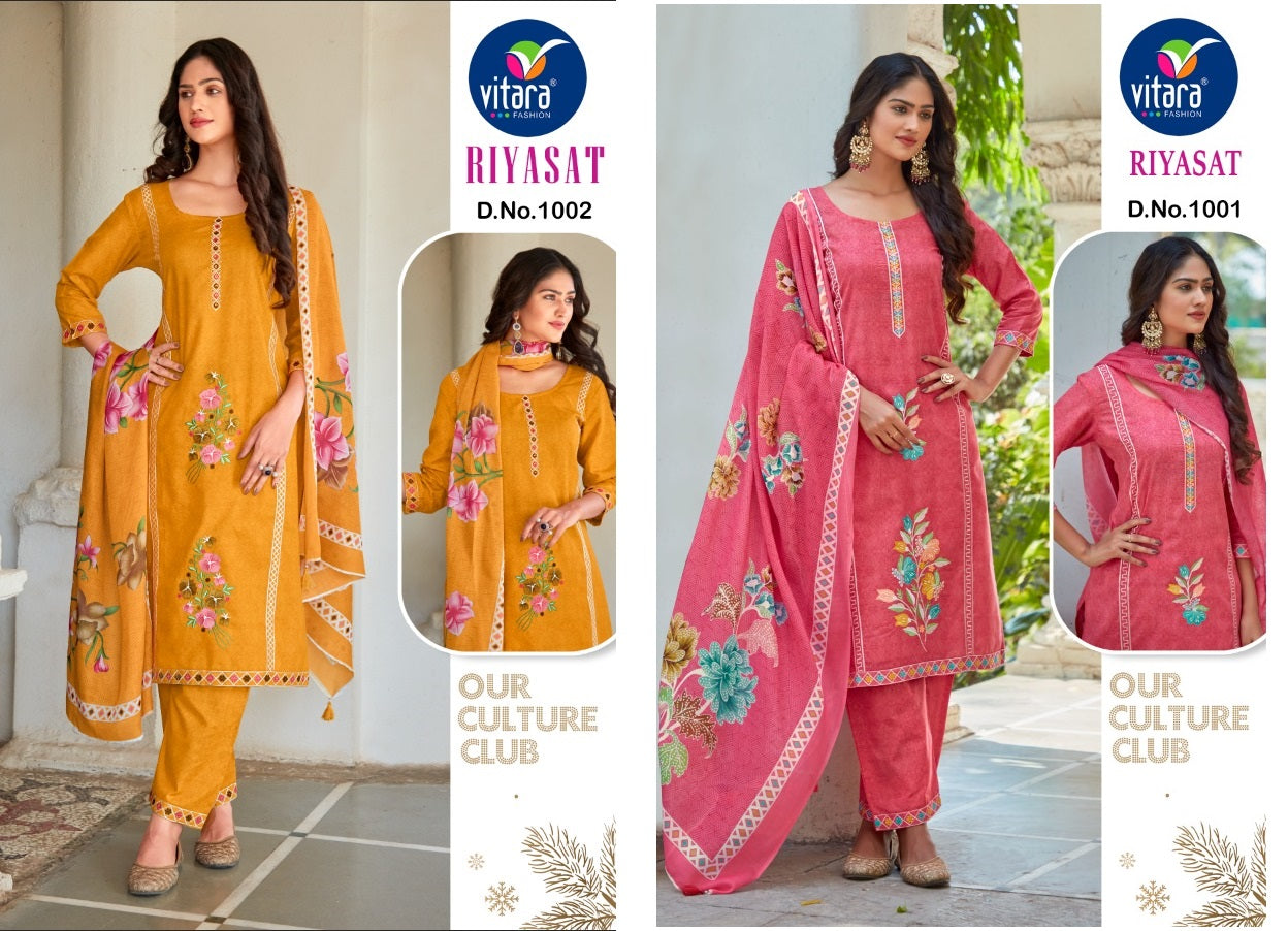 Riyasat 2 Vitara Heavy Cotton Readymade Pant Style Suits Manufacturer Gujarat