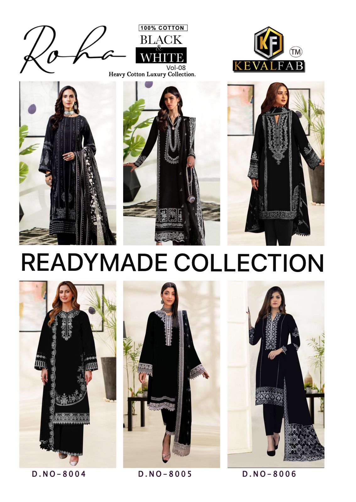 Roha Black And White Vol 8 Keval Fab Heavy Cotton Karachi Readymade Suits Wholesaler