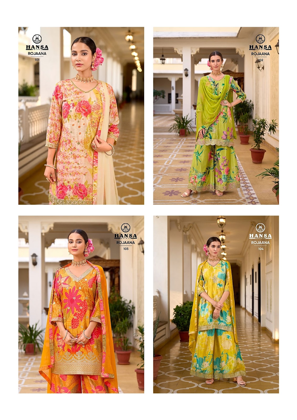 Rojaana Hansa Prints Chinon Readymade Plazzo Style Suits Supplier Gujarat