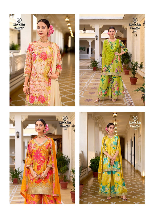 Rojaana Hansa Prints Chinon Readymade Plazzo Style Suits Supplier Gujarat