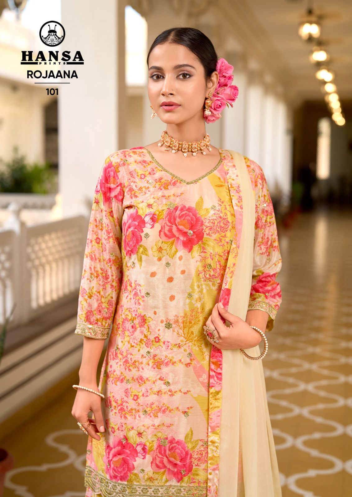 Rojaana Hansa Prints Chinon Readymade Plazzo Style Suits Supplier Gujarat