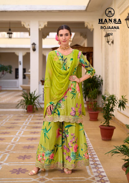 Rojaana Hansa Prints Chinon Readymade Plazzo Style Suits Supplier Gujarat