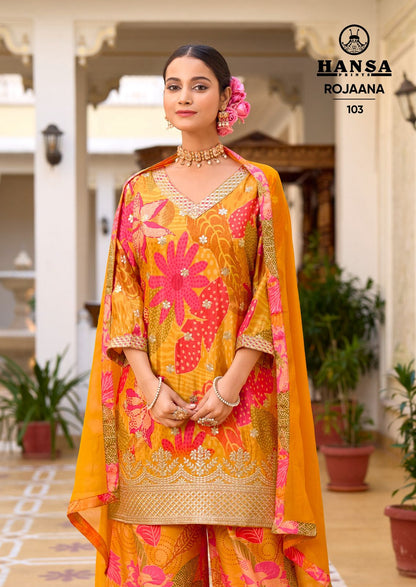 Rojaana Hansa Prints Chinon Readymade Plazzo Style Suits Supplier Gujarat