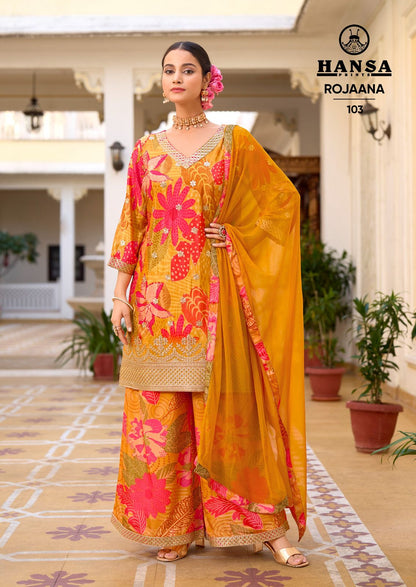 Rojaana Hansa Prints Chinon Readymade Plazzo Style Suits Supplier Gujarat