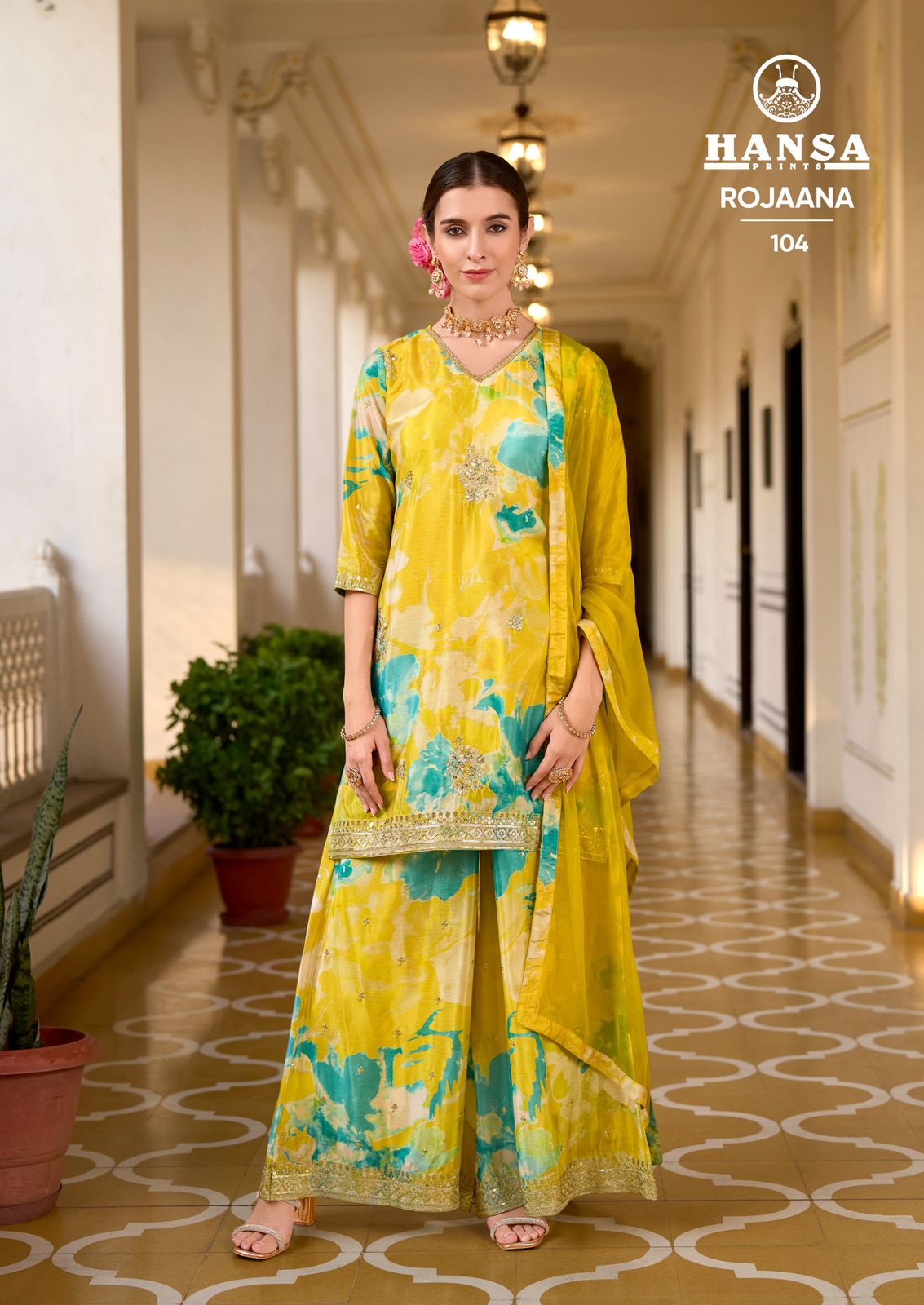 Rojaana Hansa Prints Chinon Readymade Plazzo Style Suits Supplier Gujarat