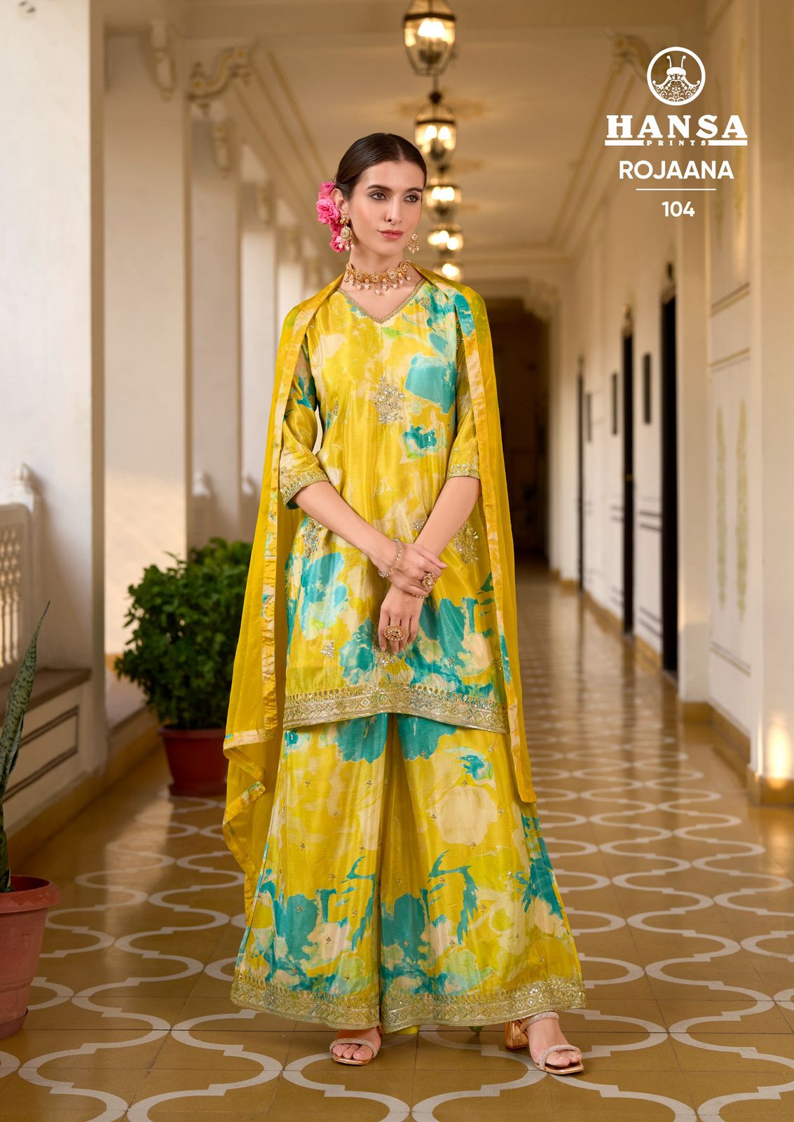 Rojaana Hansa Prints Chinon Readymade Plazzo Style Suits Supplier Gujarat