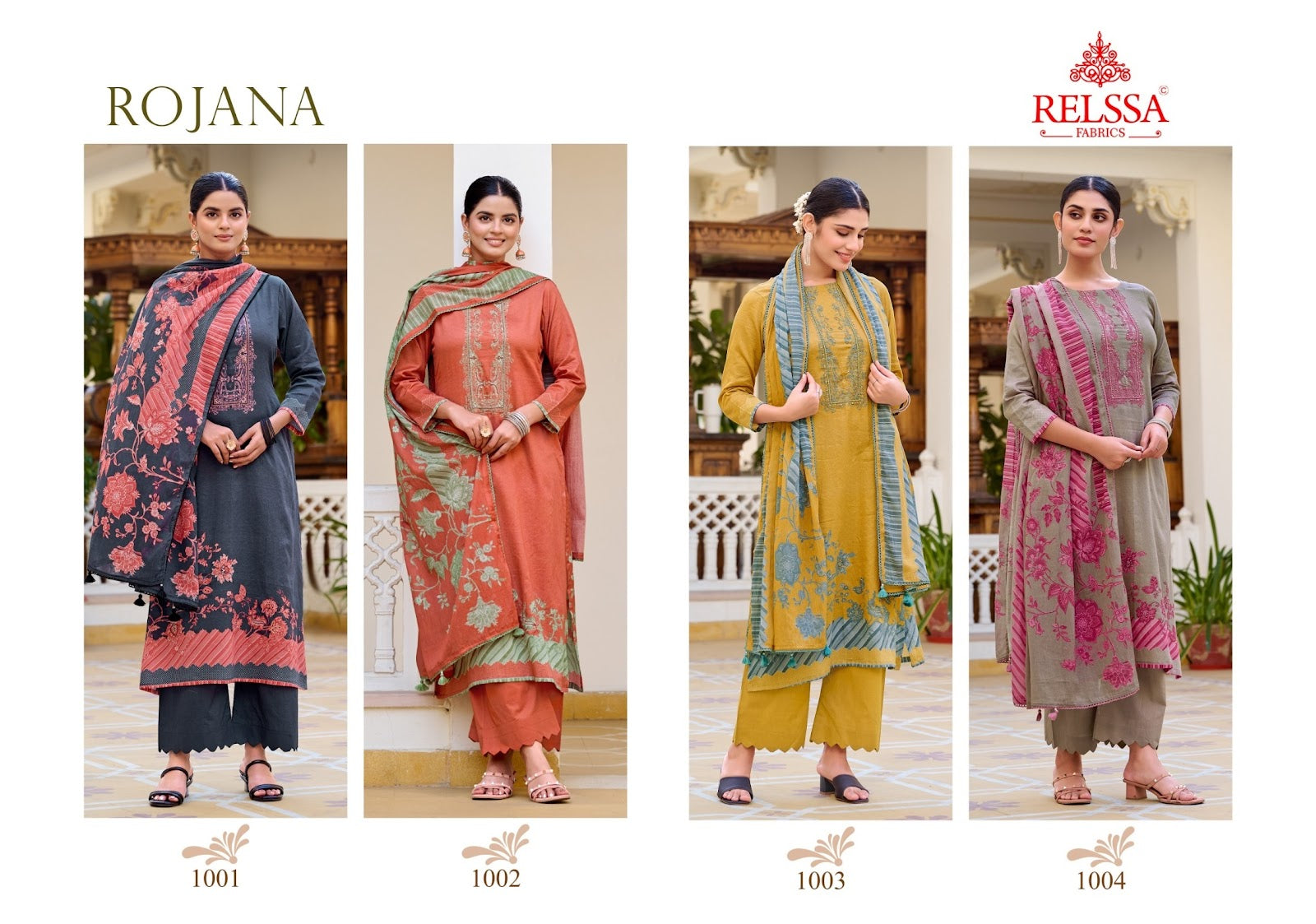 Rojana Relssa Fabrics Cotton Satin Plazzo Style Suits Wholesaler Gujarat