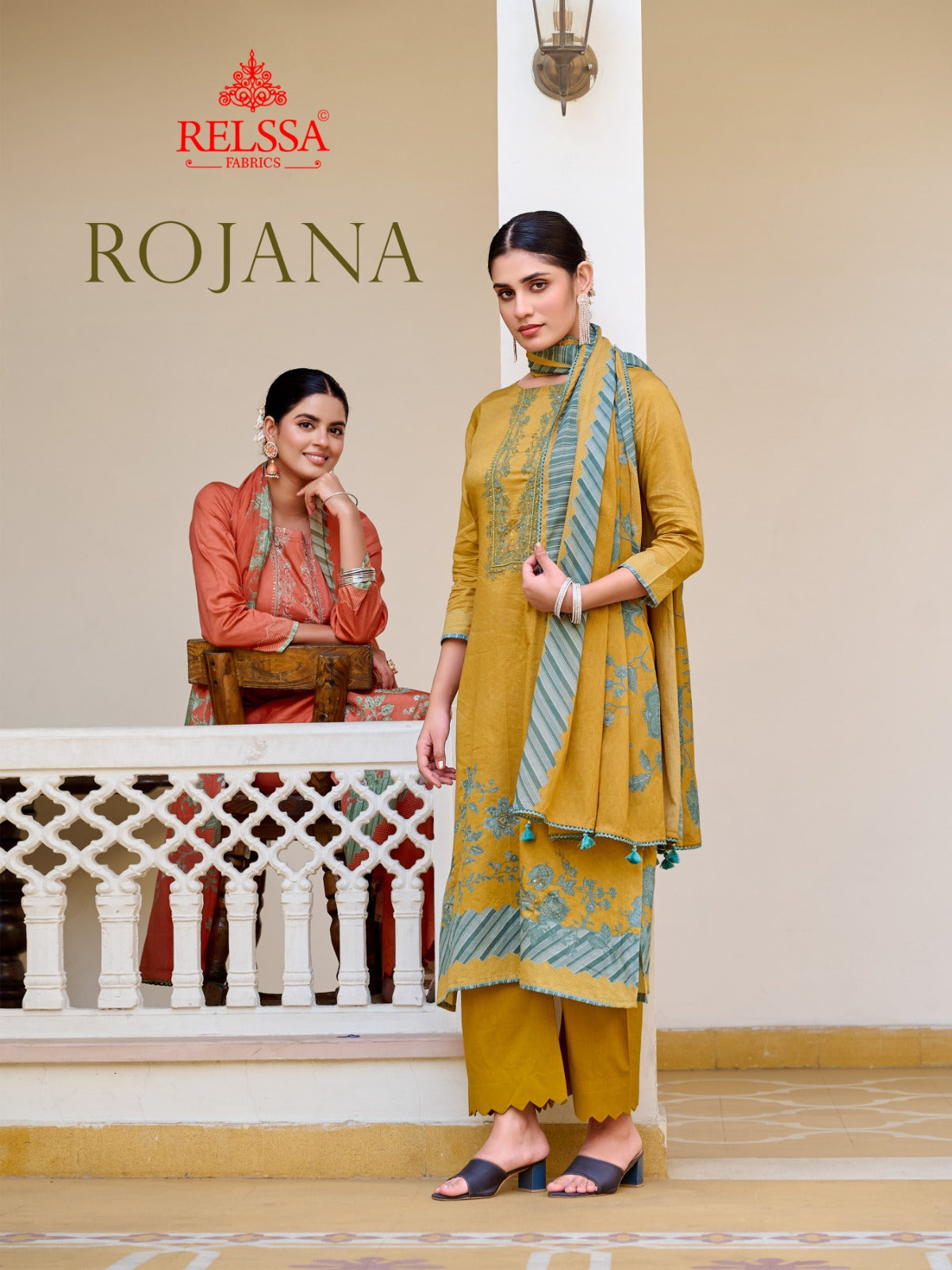 Rojana Relssa Fabrics Cotton Satin Plazzo Style Suits Wholesaler Gujarat