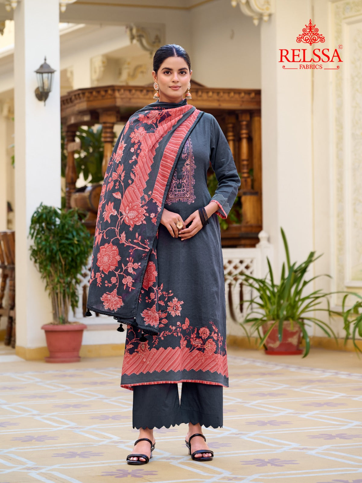 Rojana Relssa Fabrics Cotton Satin Plazzo Style Suits Wholesaler Gujarat