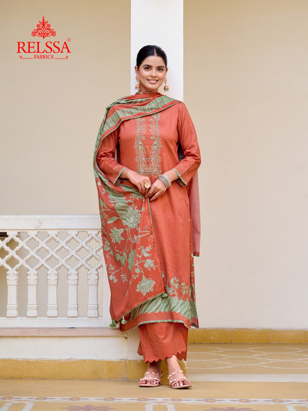 Rojana Relssa Fabrics Cotton Satin Plazzo Style Suits Wholesaler Gujarat