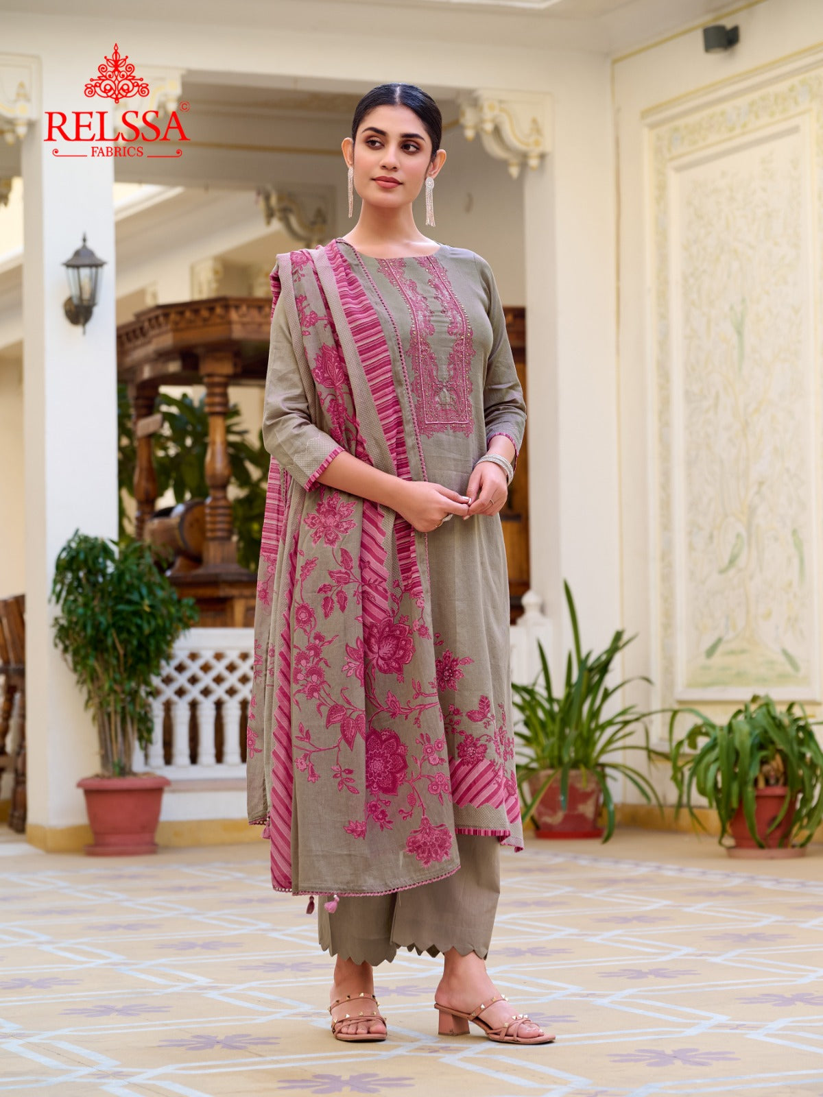 Rojana Relssa Fabrics Cotton Satin Plazzo Style Suits Wholesaler Gujarat