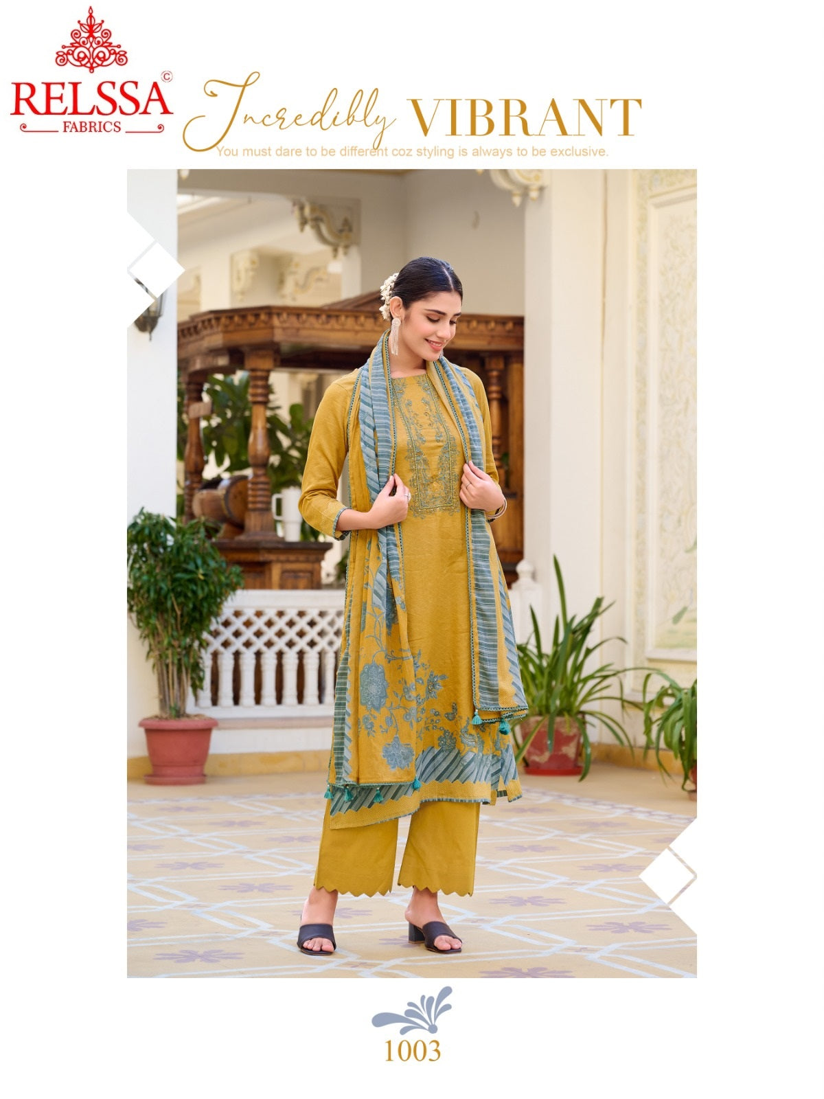 Rojana Relssa Fabrics Cotton Satin Plazzo Style Suits Wholesaler Gujarat