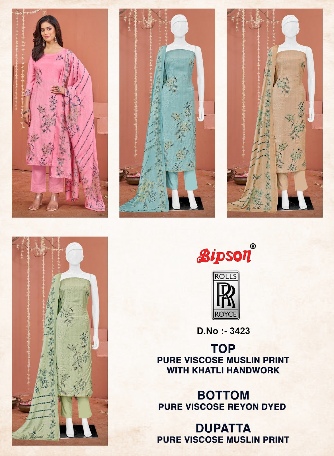 Rolls Royce 3423 Bipson Prints Viscose Muslin Pant Style Suits Wholesaler Gujarat
