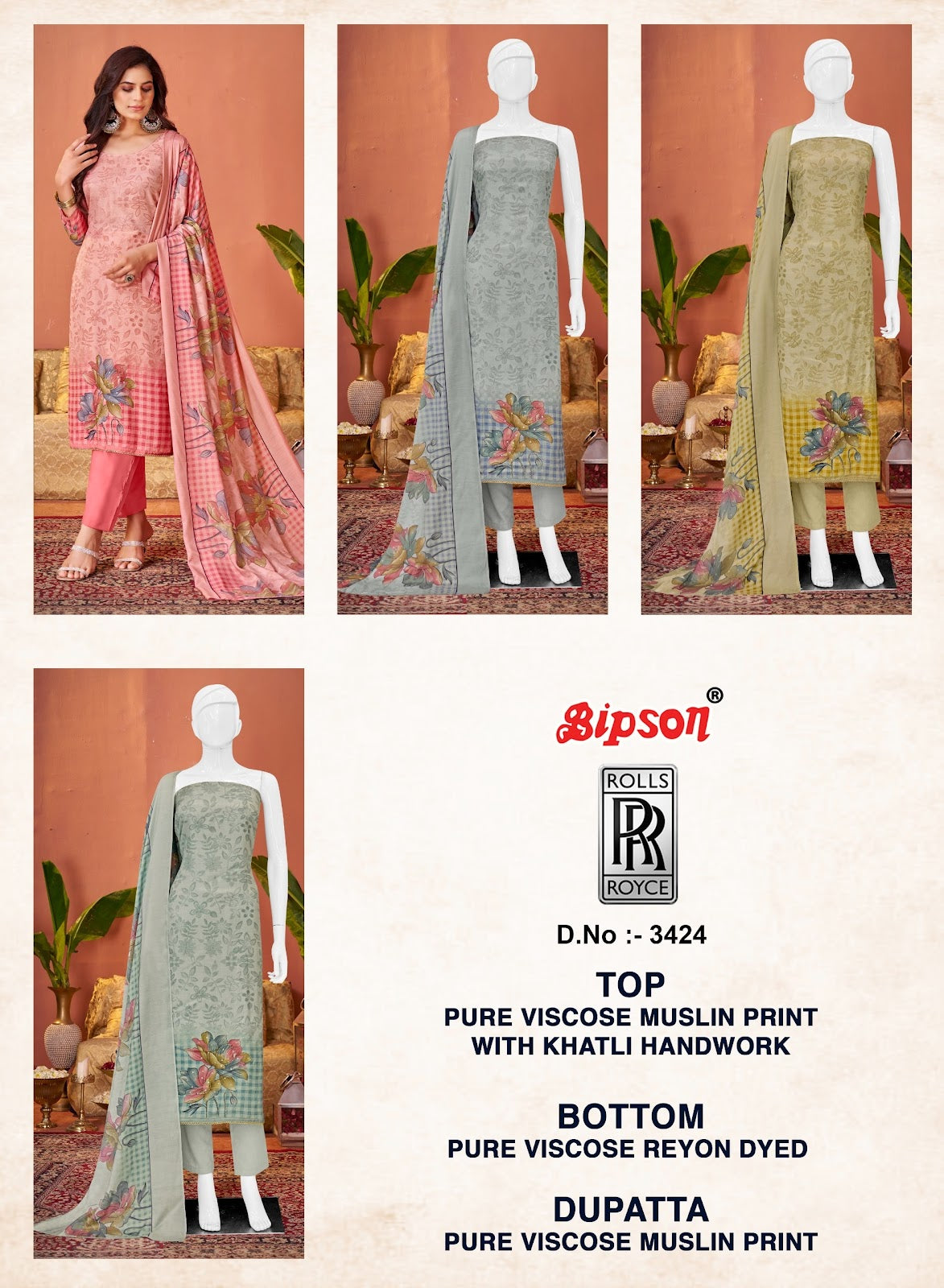 Rolls Royce 3424 Bipson Prints Viscose Muslin Pant Style Suits Exporter India